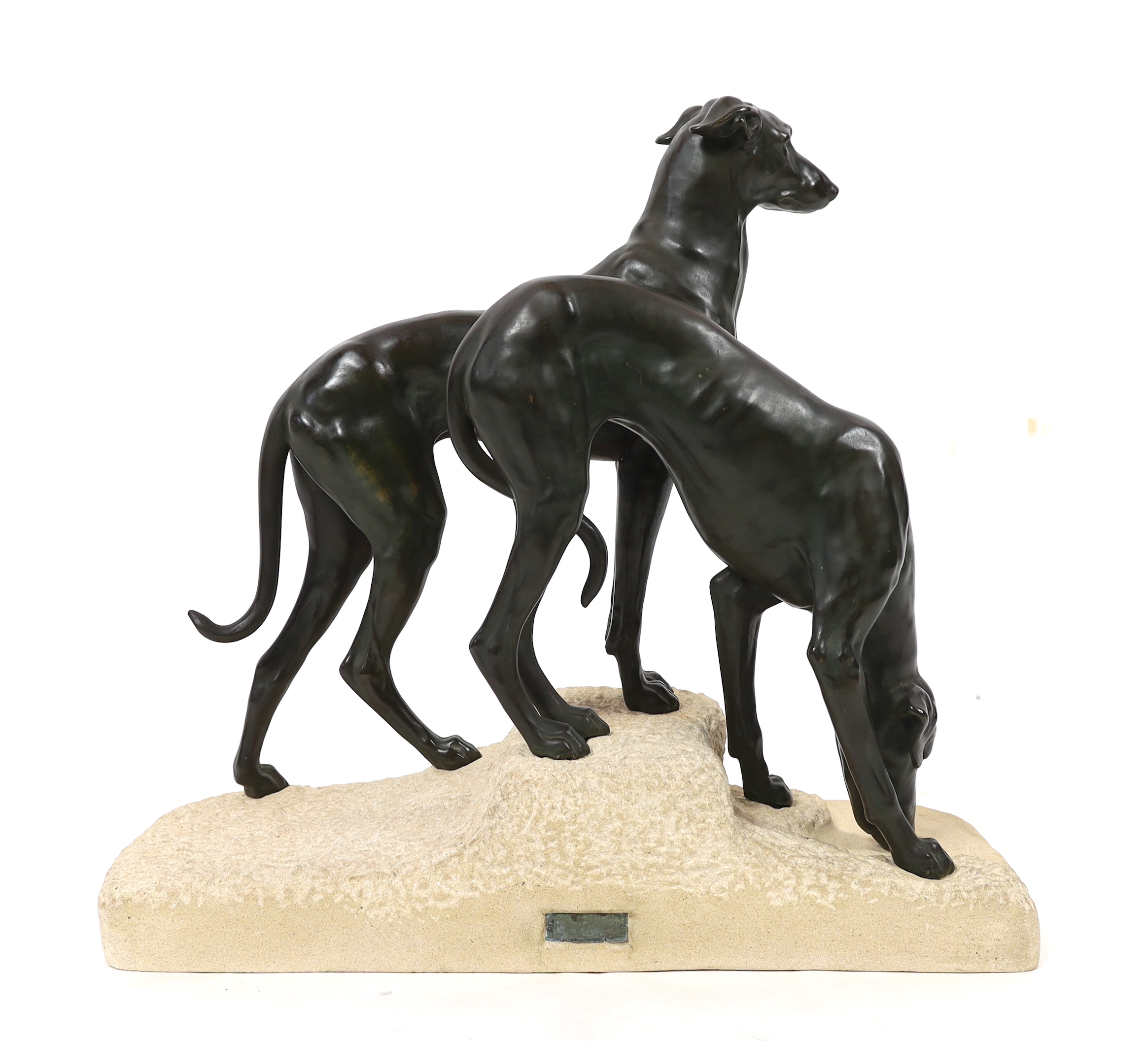 Jules Edmund Masson (French, 1871-1932). A French Art Deco bronze group of two hounds, 58cm wide, 21cm deep, 53cm high